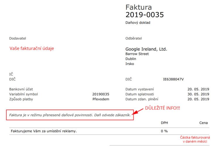 Vzorová faktura navázaná na platbu ze zahraničí identifikované osoby
