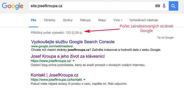 Počet zaindexovaných stránek Google